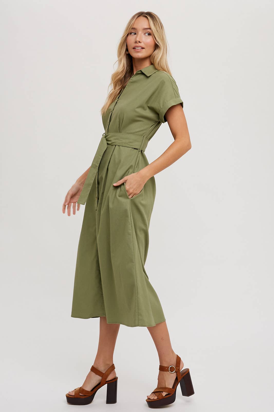 BUTTON DOWN BELTED MIDI DRESS