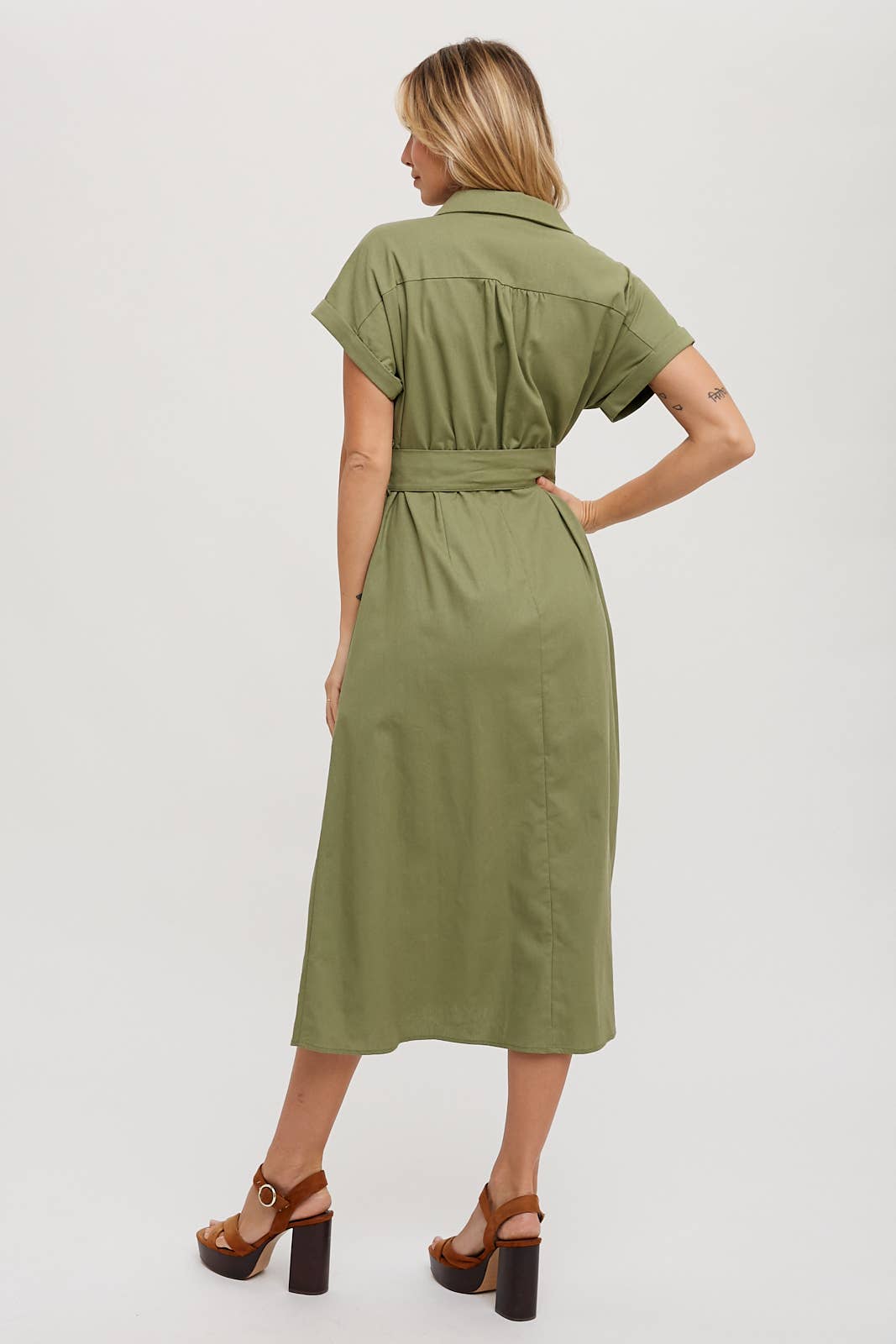 BUTTON DOWN BELTED MIDI DRESS