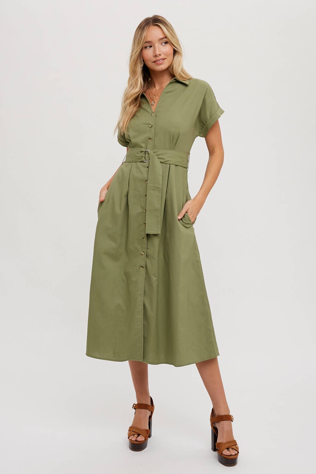 BUTTON DOWN BELTED MIDI DRESS