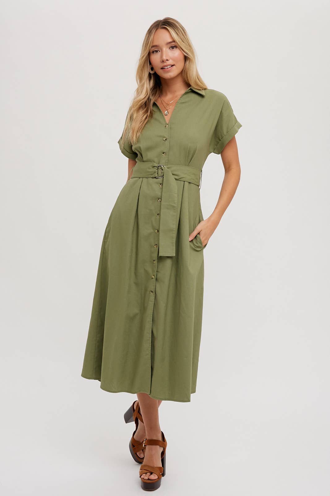 BUTTON DOWN BELTED MIDI DRESS