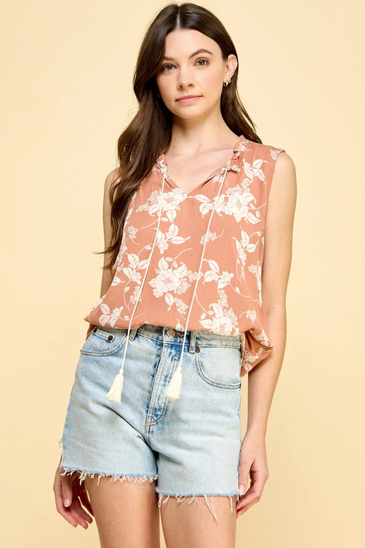 Sleeveless Floral Top with Neck Tie