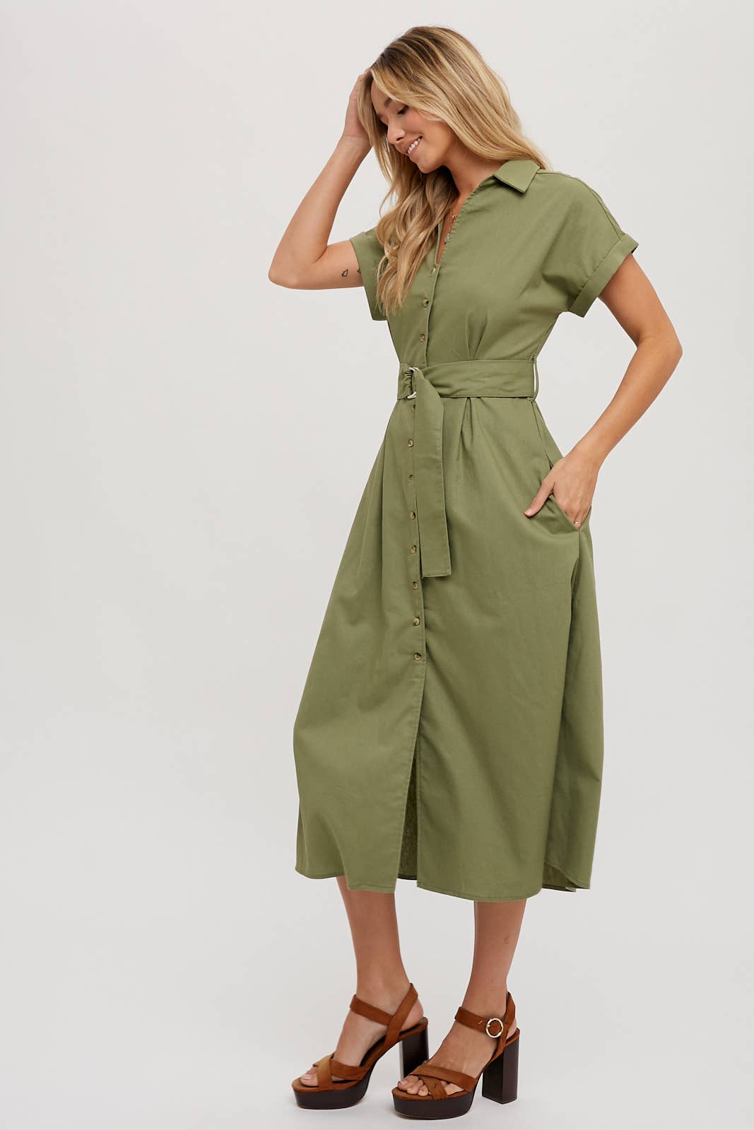 BUTTON DOWN BELTED MIDI DRESS