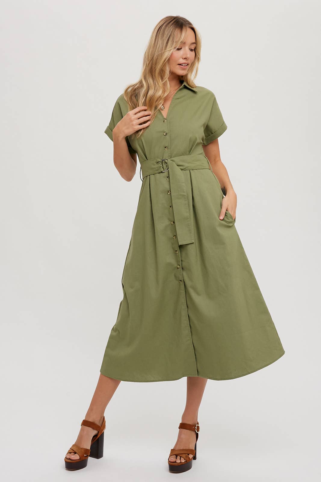 BUTTON DOWN BELTED MIDI DRESS