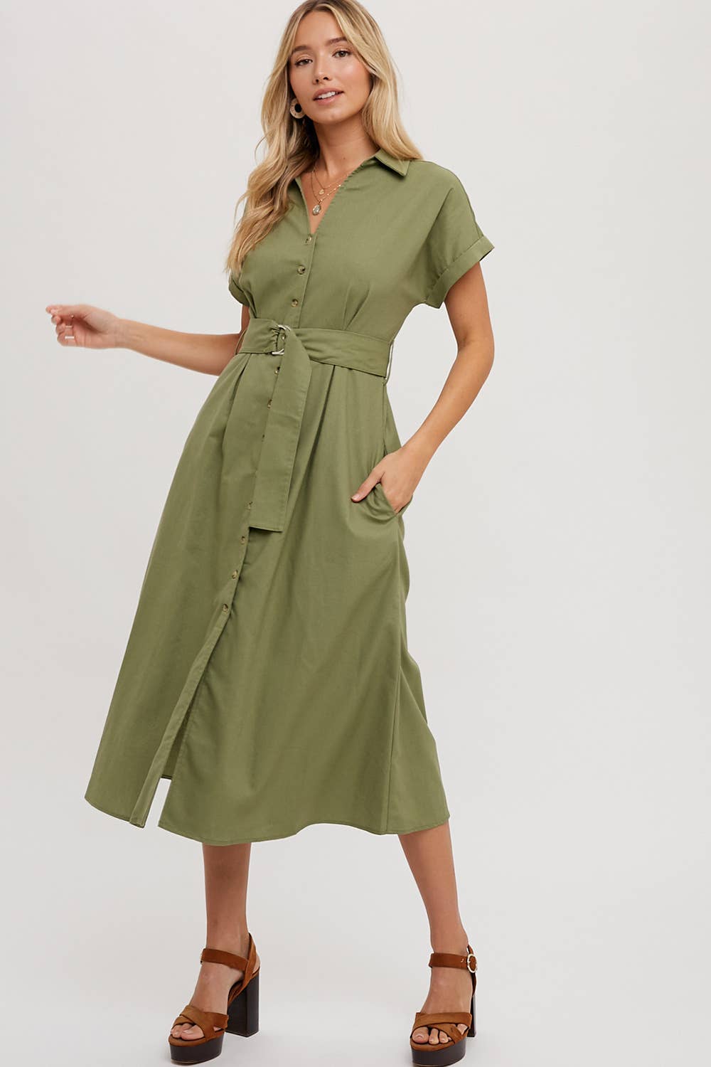 BUTTON DOWN BELTED MIDI DRESS