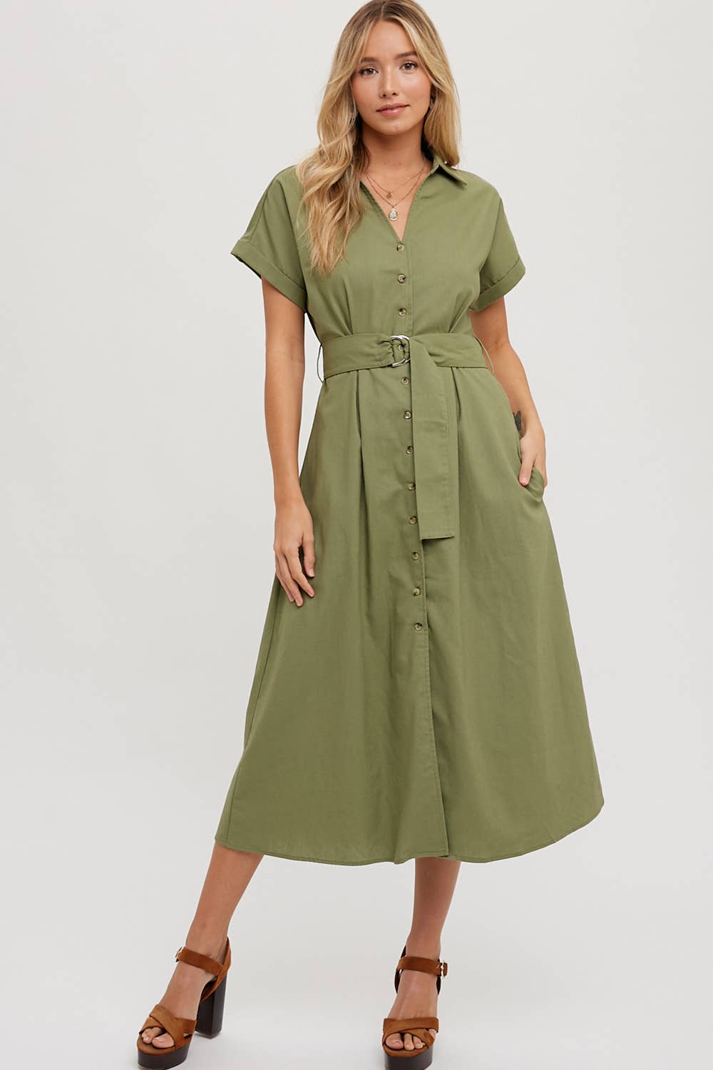 BUTTON DOWN BELTED MIDI DRESS