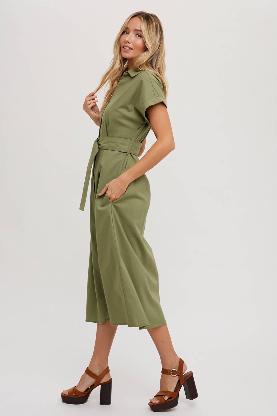 BUTTON DOWN BELTED MIDI DRESS