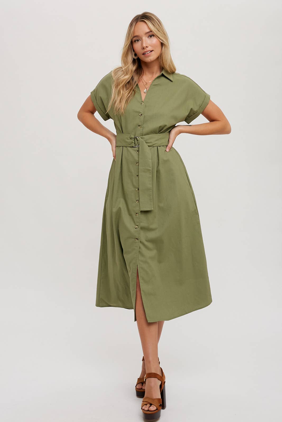 BUTTON DOWN BELTED MIDI DRESS