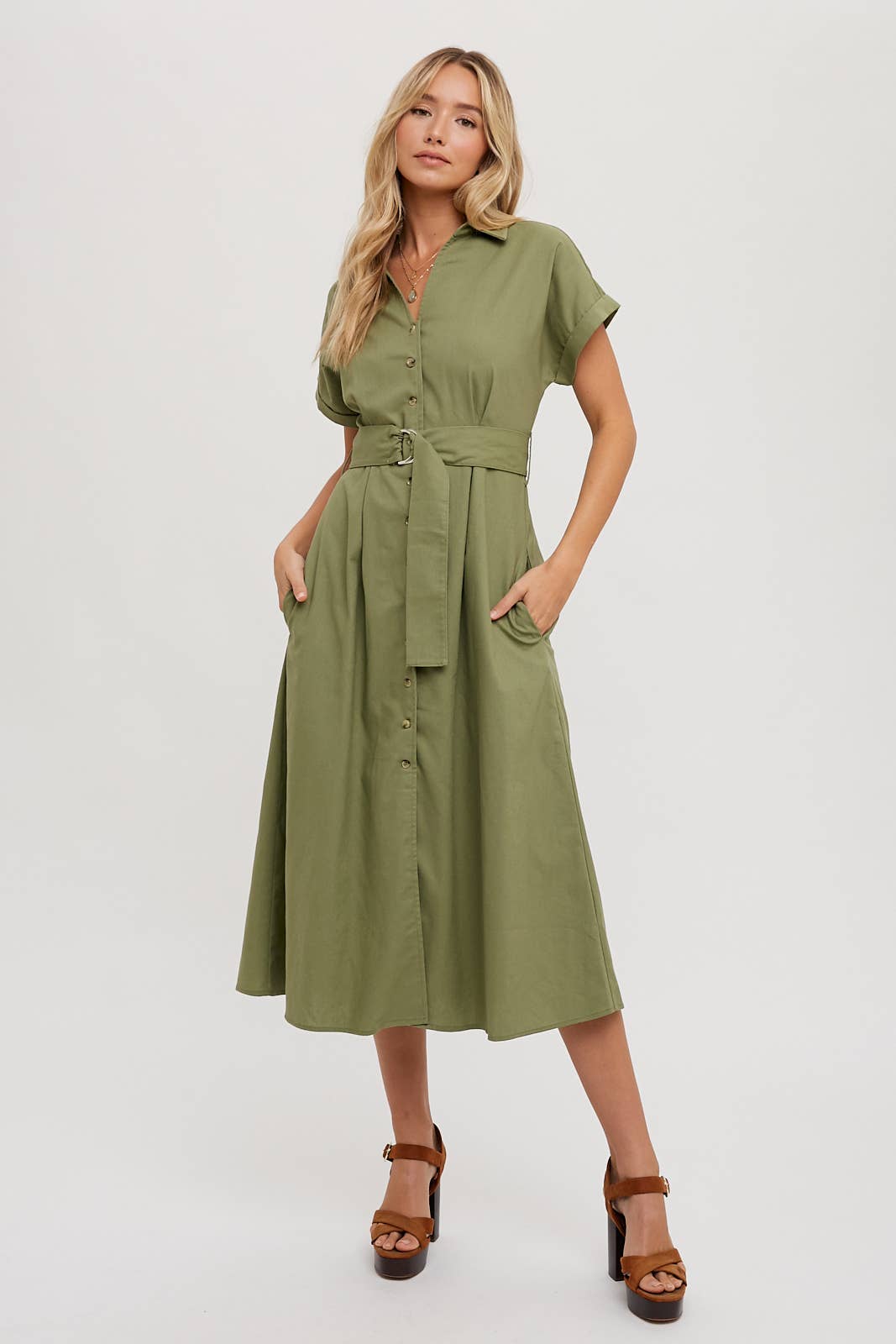 BUTTON DOWN BELTED MIDI DRESS