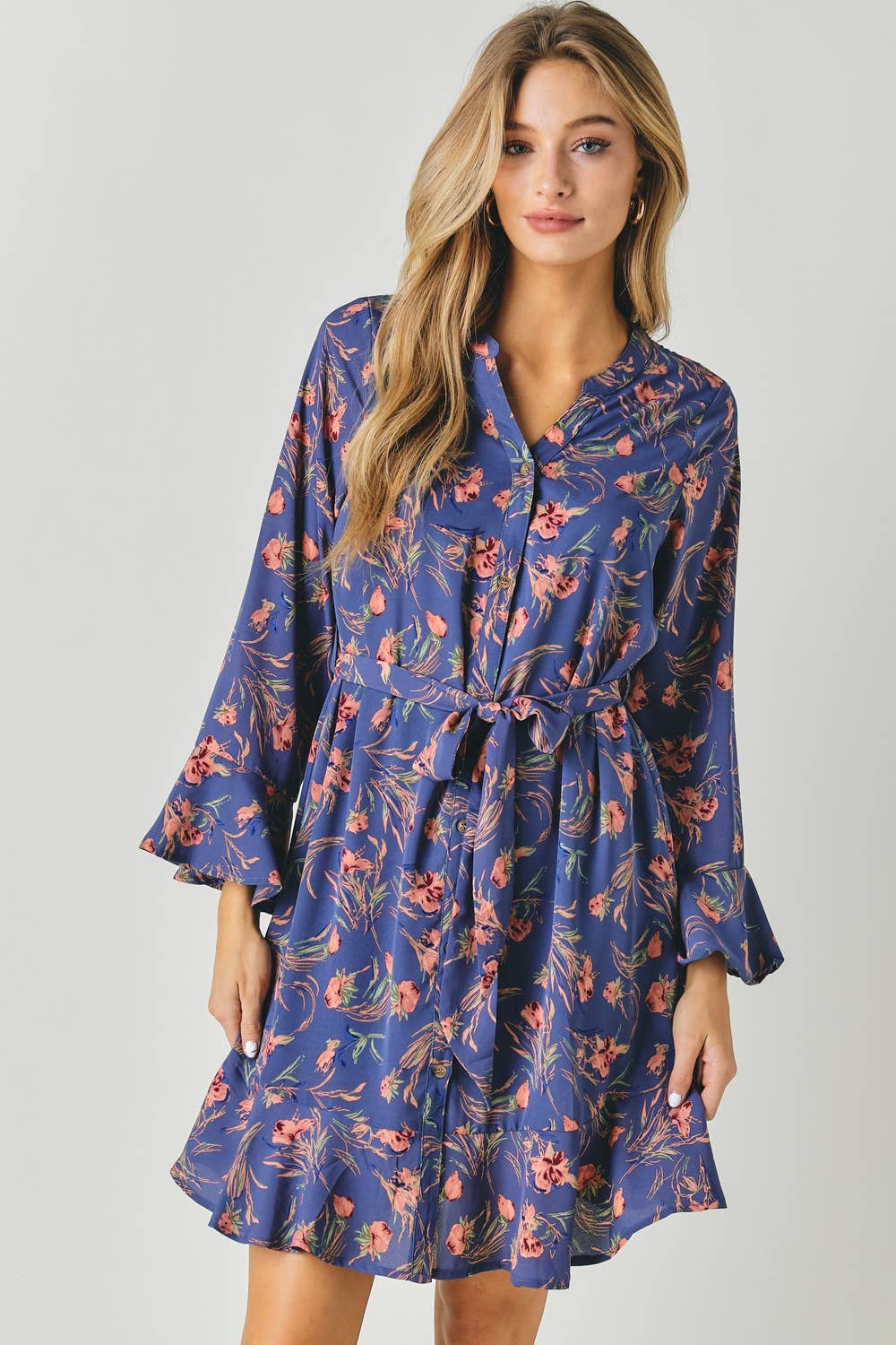 FLORAL PRINT V NECK LONG SLEEVE DRESS WITH WAIST TIE