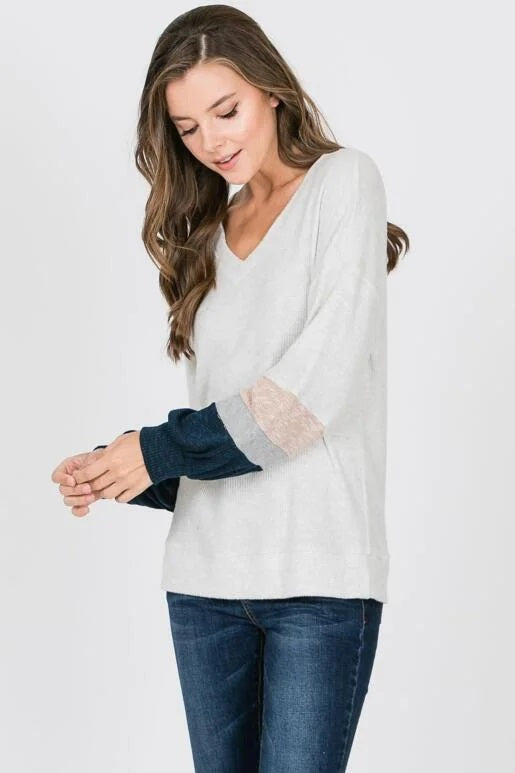 Contrast Sleeve V-Neck Sweater