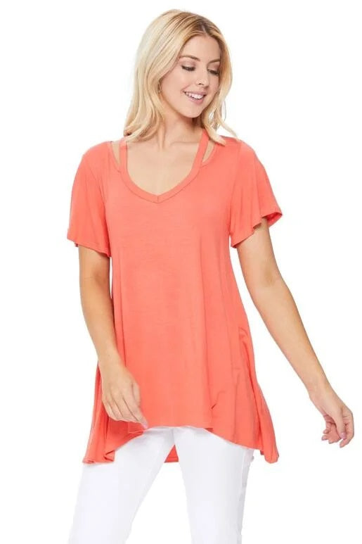 V Neck Cutout Curved Hem Tunic