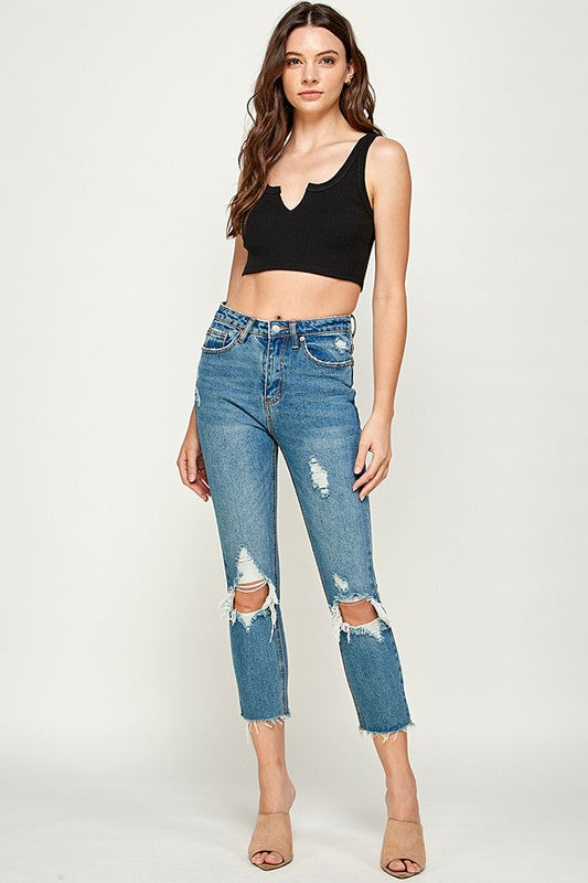 Destroyed High Rise Cropped Jeans