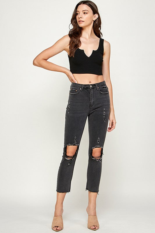 Destroyed High Rise Cropped Jeans