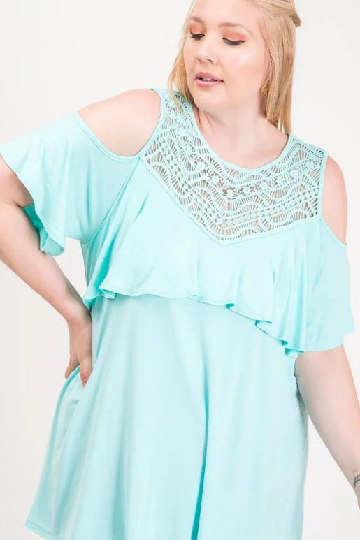 Crochet Trim Ruffle Cold Shoulder Top