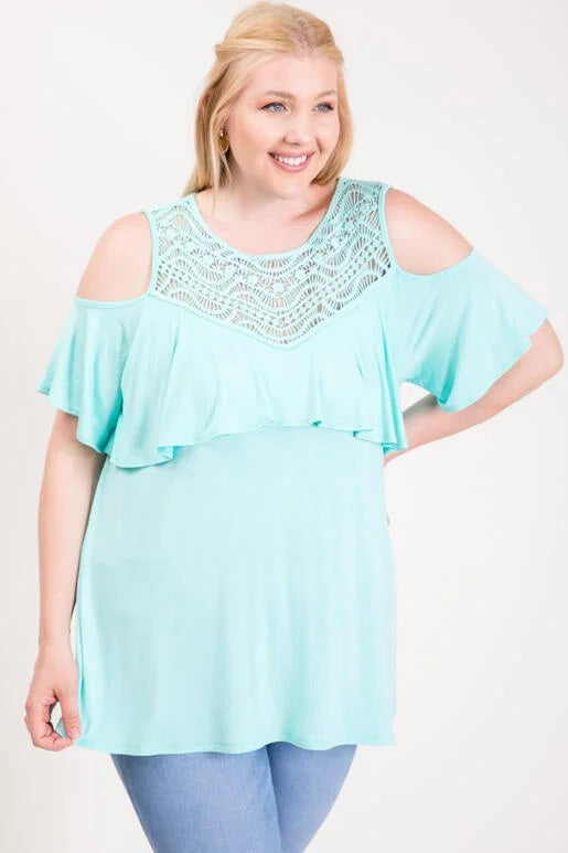 Crochet Trim Ruffle Cold Shoulder Top