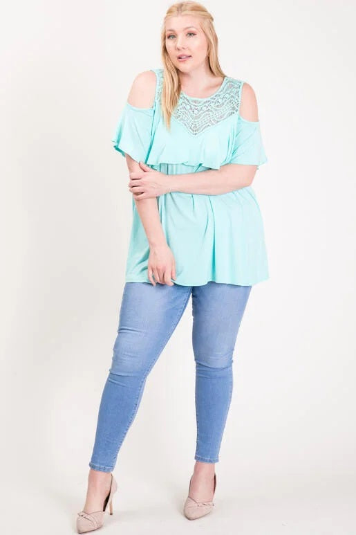 Crochet Trim Ruffle Cold Shoulder Top