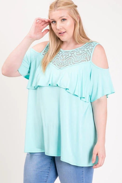 Crochet Trim Ruffle Cold Shoulder Top