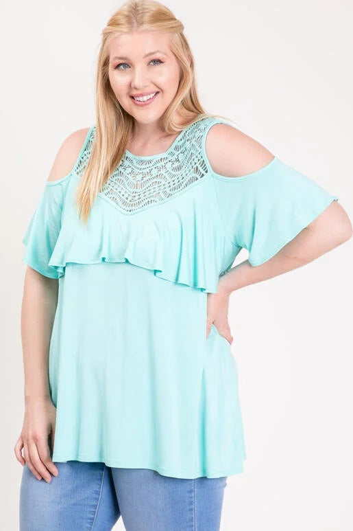 Crochet Trim Ruffle Cold Shoulder Top