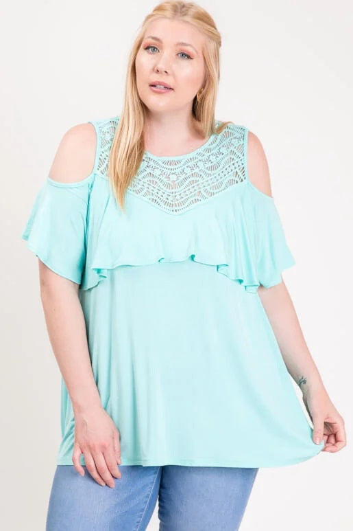 Crochet Trim Ruffle Cold Shoulder Top