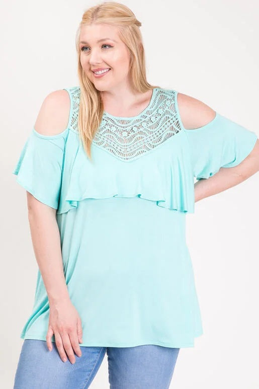 Crochet Trim Ruffle Cold Shoulder Top