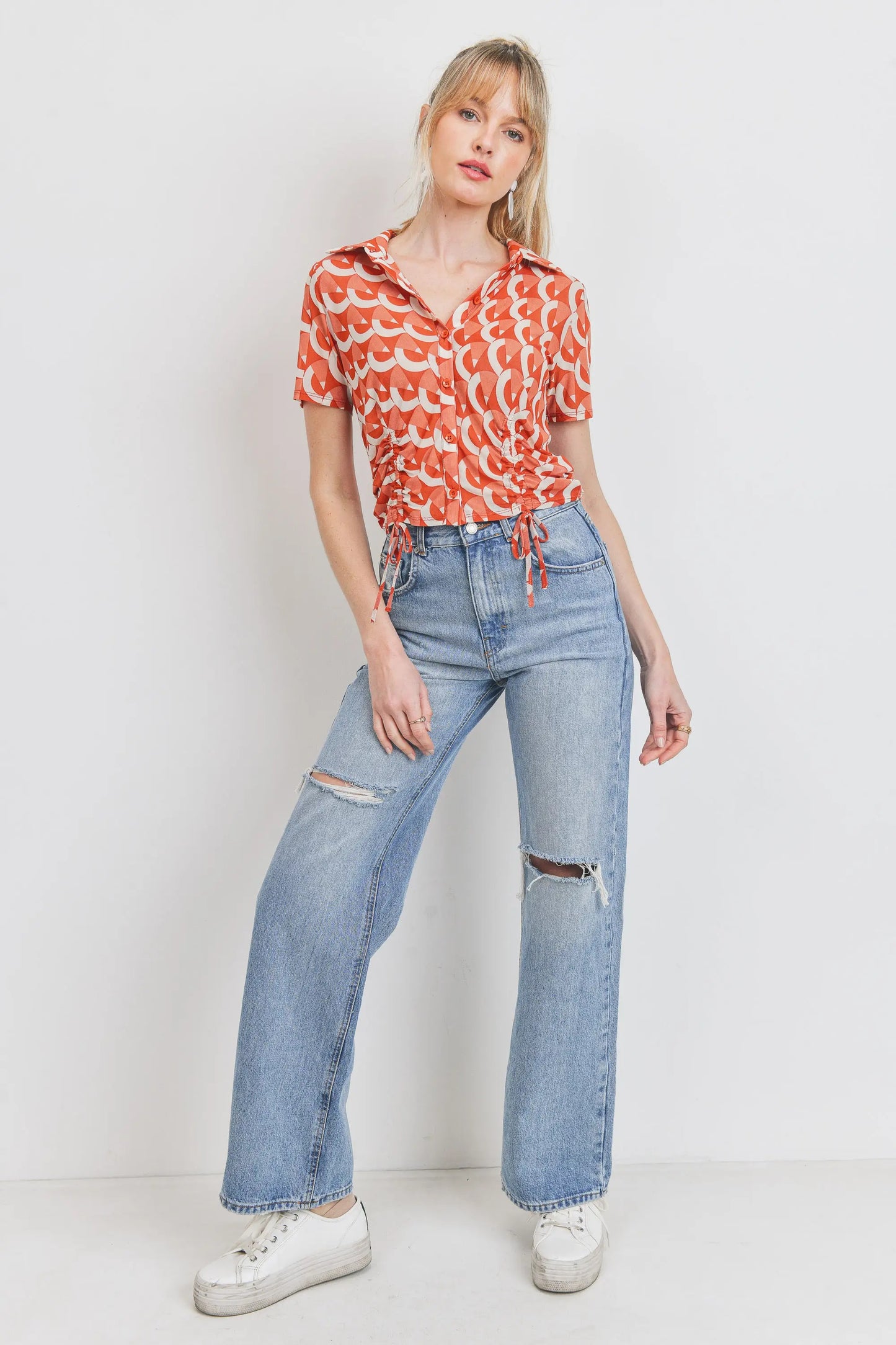 Mesh Front Ruched Button Down Top