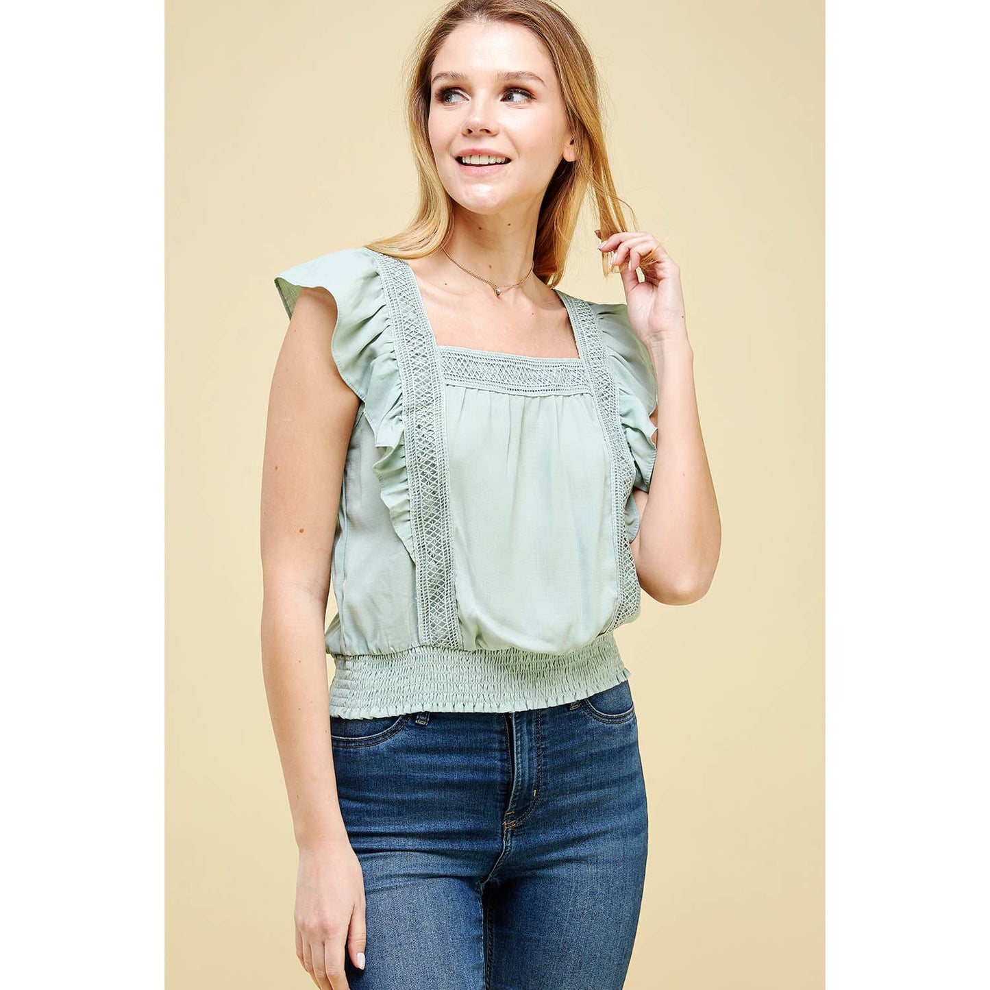 Ruffle Sleeve Square Neck Smocked Waist Top