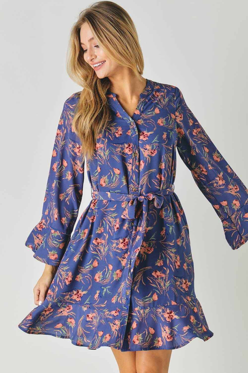 FLORAL PRINT V NECK LONG SLEEVE DRESS WITH WAIST TIE