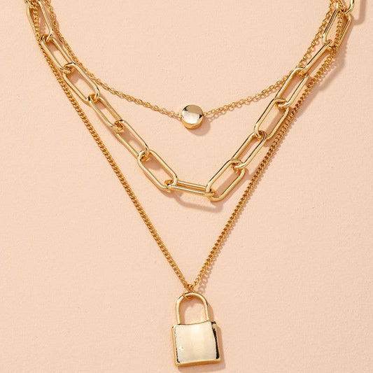 Gold Lock Charm Chain Link Necklace