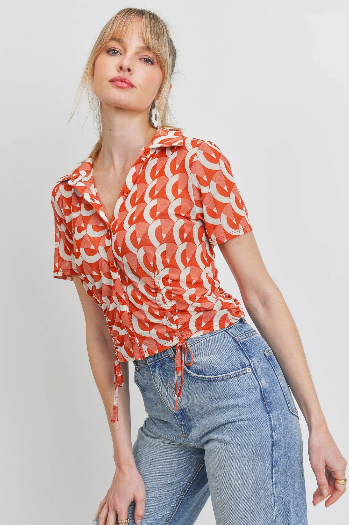 Mesh Front Ruched Button Down Top