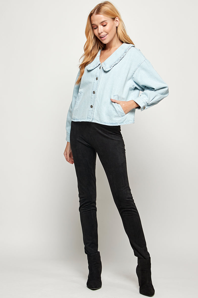 RUFFLE COLLAR BUTTON DOWN DENIM JACKET