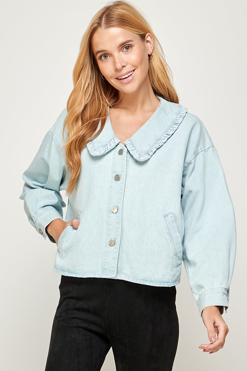 RUFFLE COLLAR BUTTON DOWN DENIM JACKET