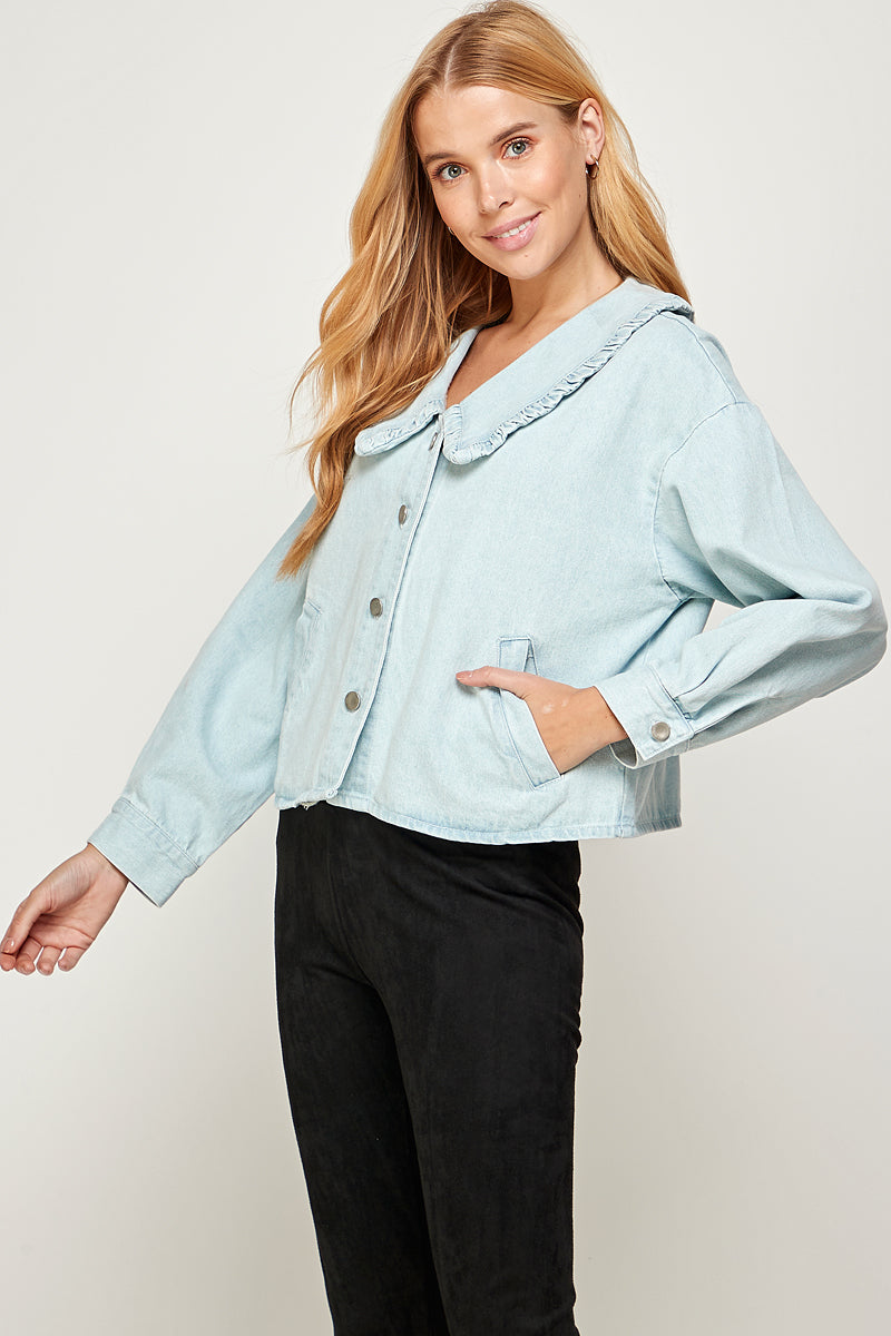 RUFFLE COLLAR BUTTON DOWN DENIM JACKET