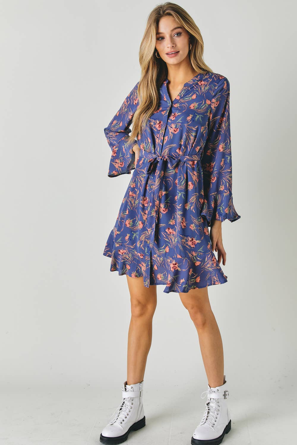 FLORAL PRINT V NECK LONG SLEEVE DRESS WITH WAIST TIE