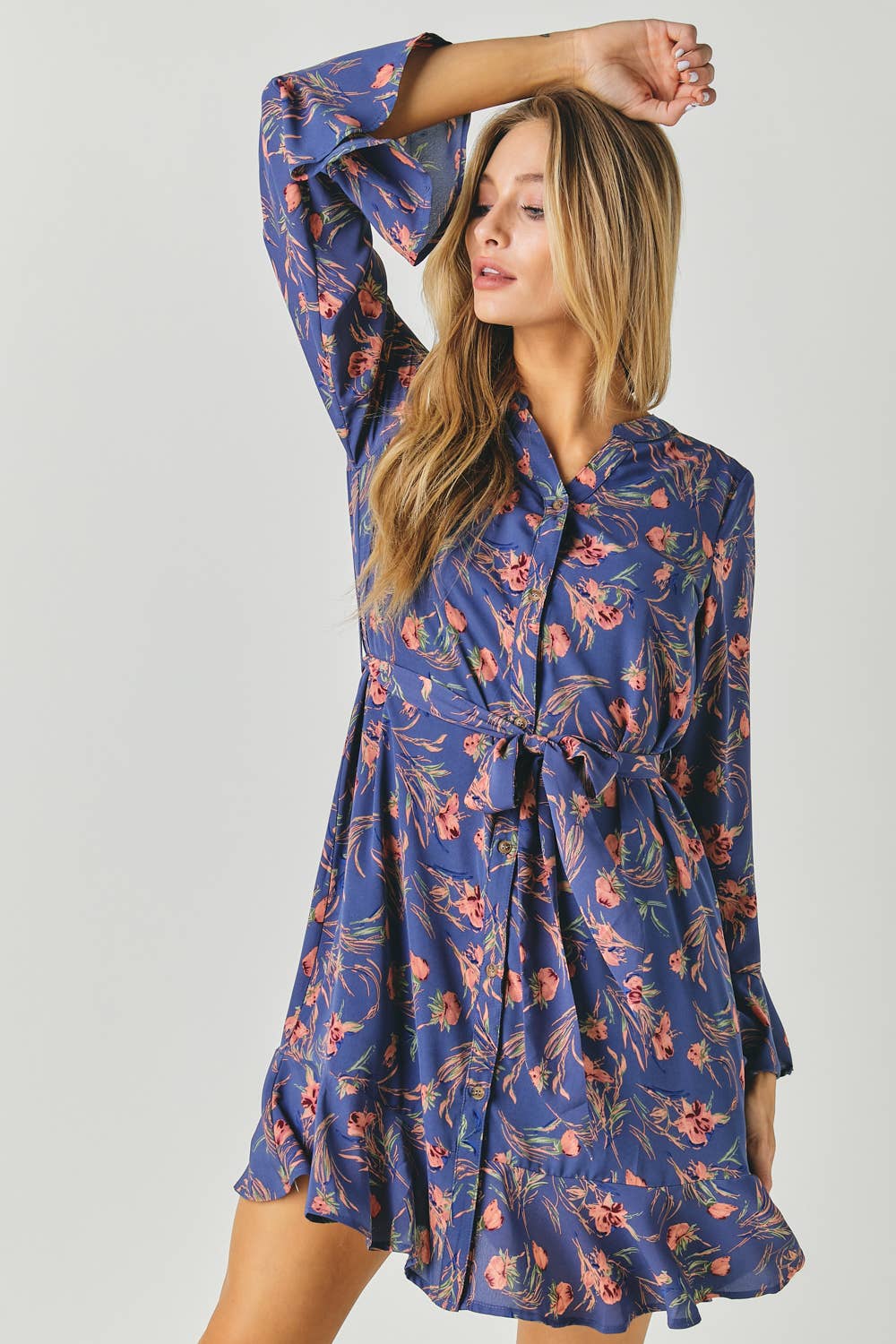 FLORAL PRINT V NECK LONG SLEEVE DRESS WITH WAIST TIE