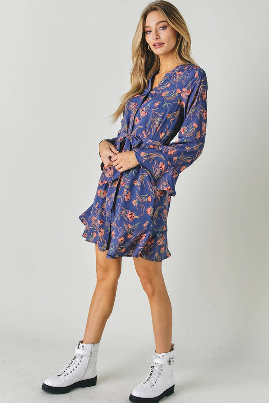 FLORAL PRINT V NECK LONG SLEEVE DRESS WITH WAIST TIE