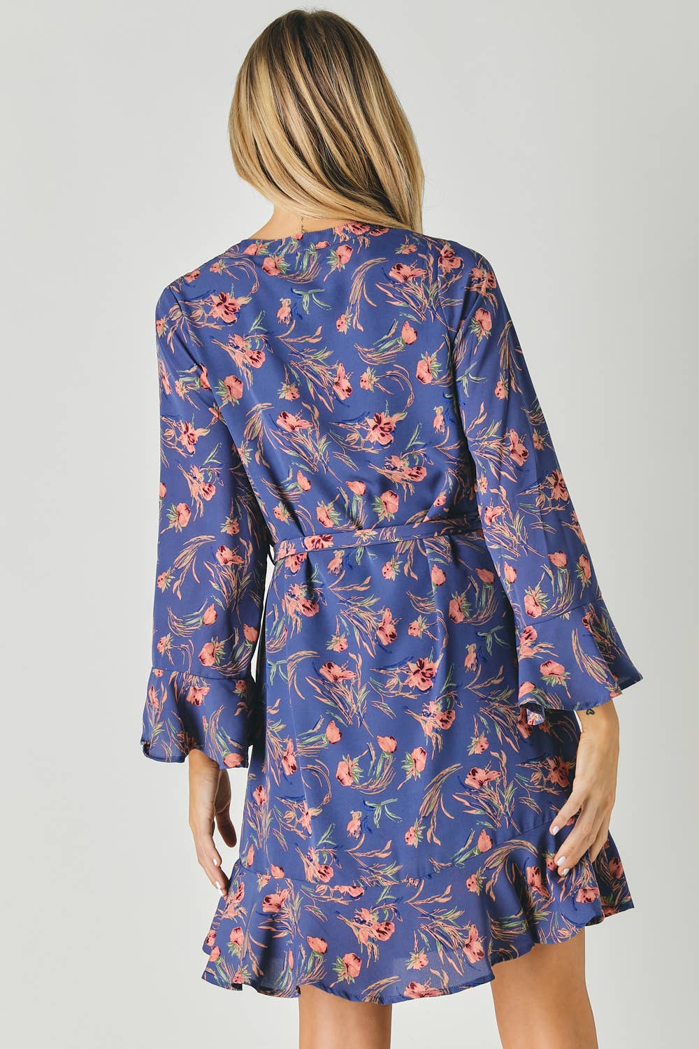 FLORAL PRINT V NECK LONG SLEEVE DRESS WITH WAIST TIE