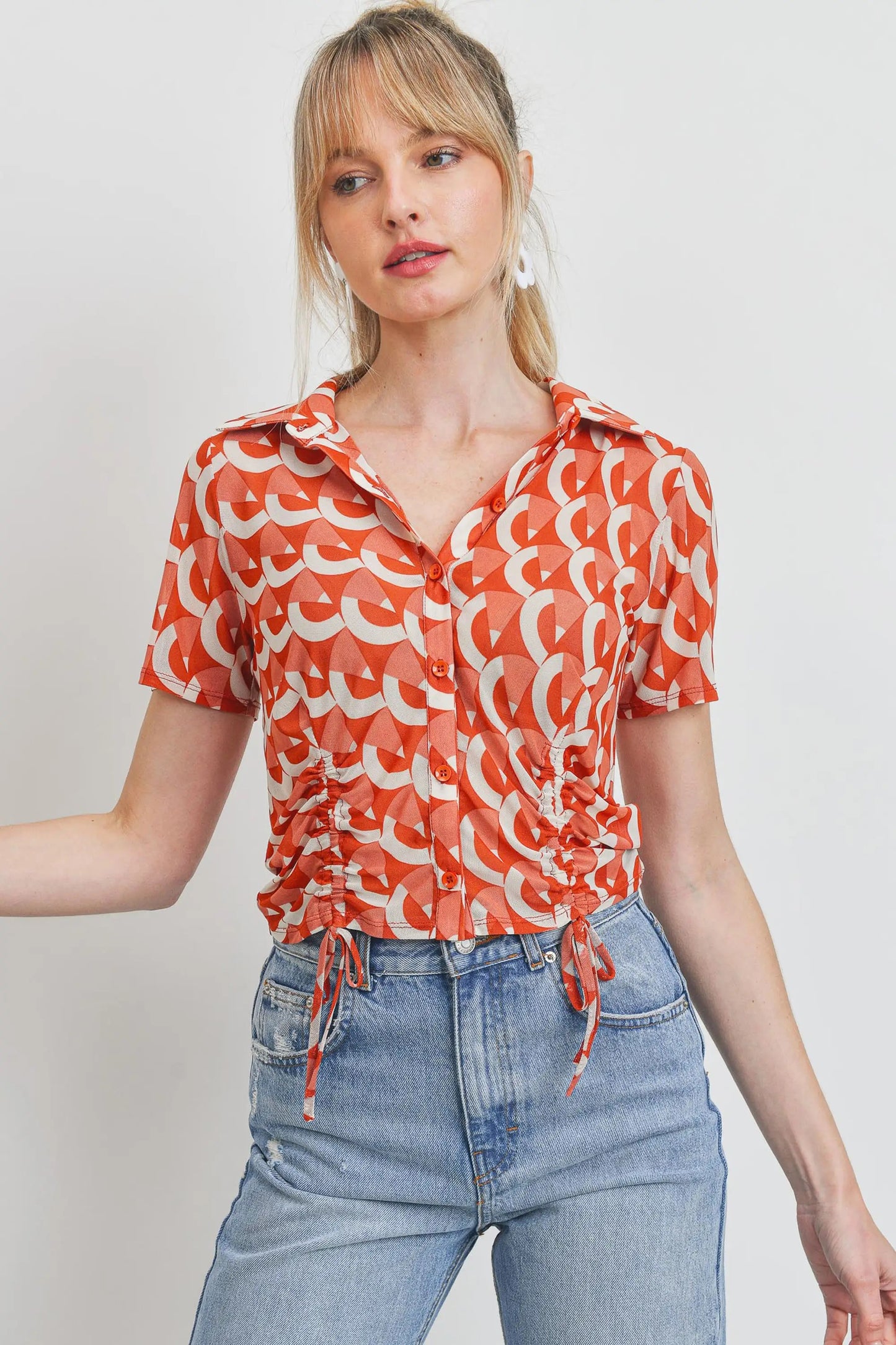 Mesh Front Ruched Button Down Top