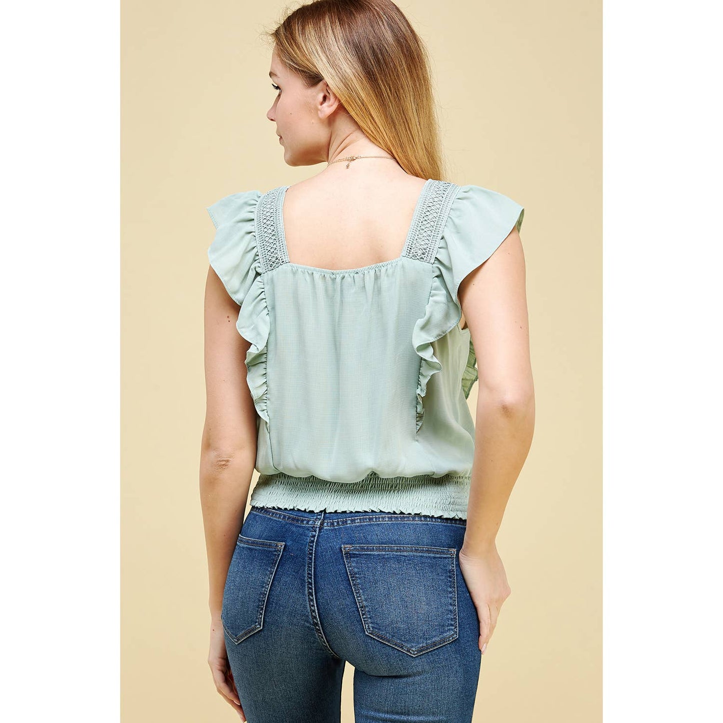 Ruffle Sleeve Square Neck Smocked Waist Top